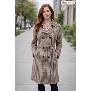 Solitaire Houndstooth Double Breasted Belted Trench Coat Medium